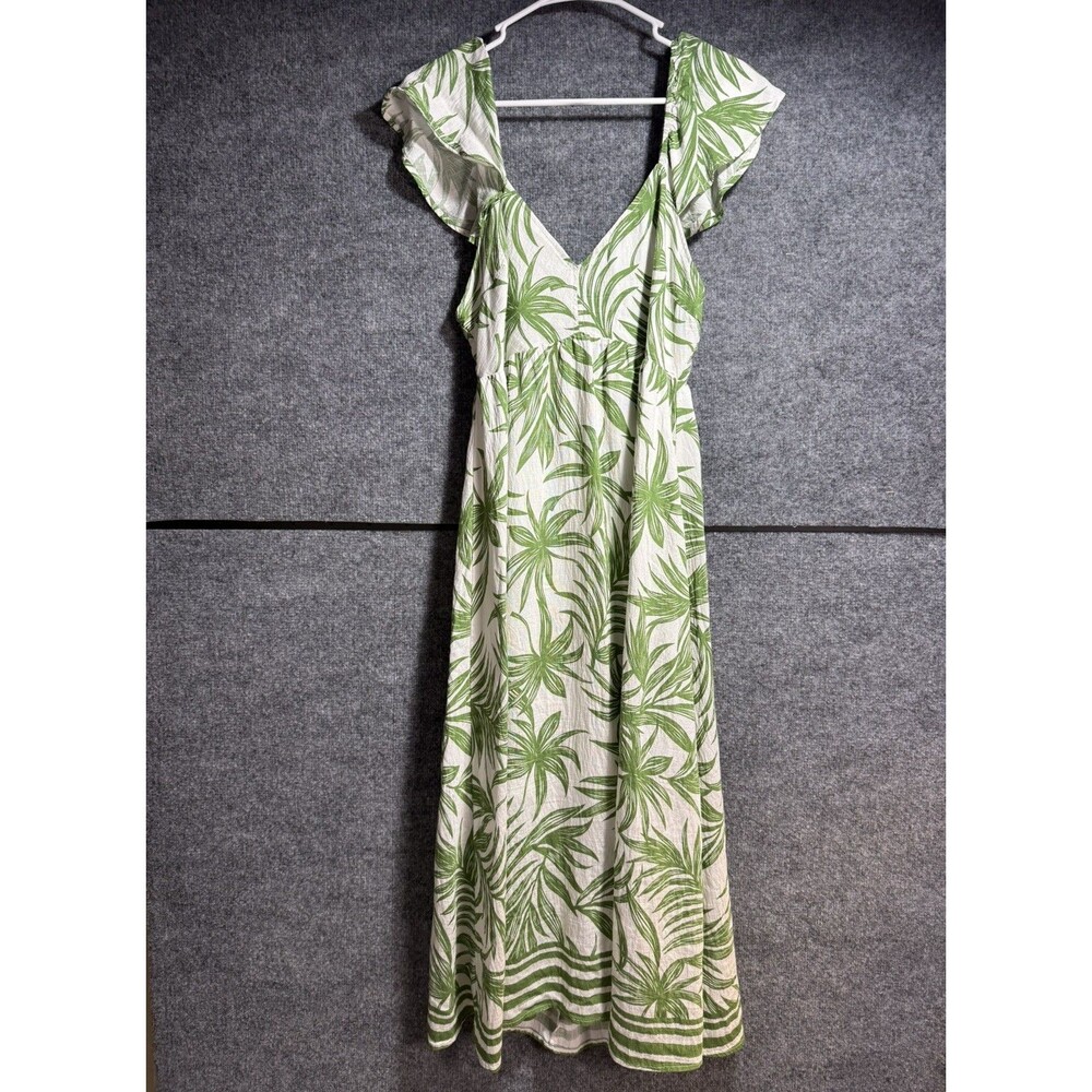 Womens Large Tropical Palm Print Maxi Dress Green White Ruffle Sleeve Boho